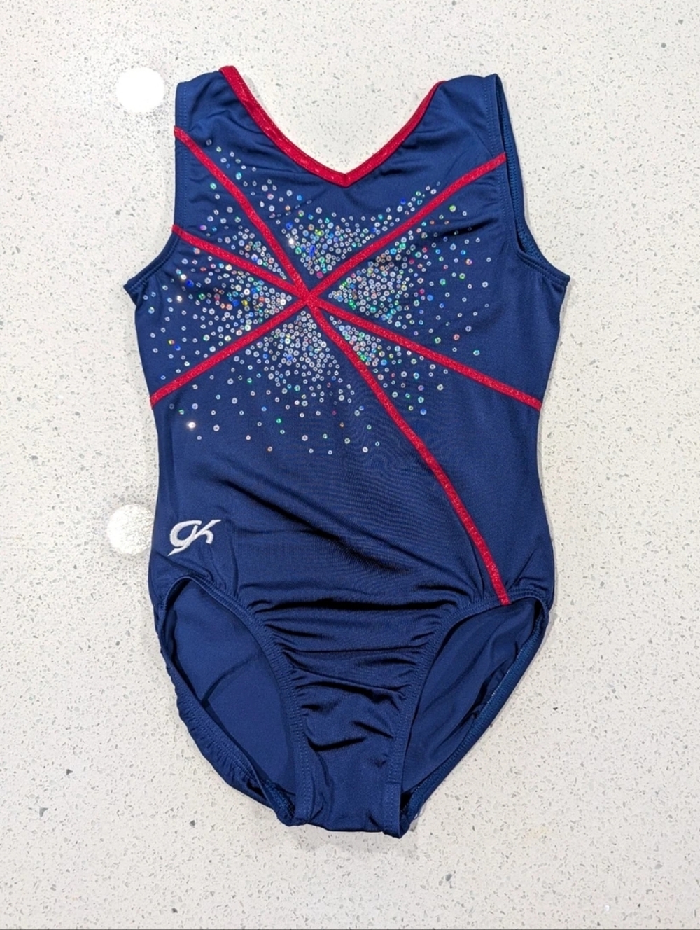 PATRIOTIC GK ELITE Gymnastics Dance Leotard CL Large Red Blue Sequins STARBURST